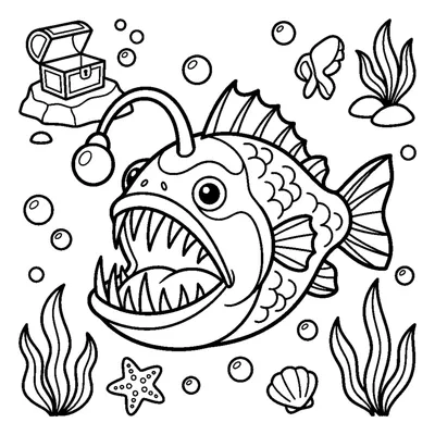 A wide-mouthed anglerfish with a round glowing lantern bulb