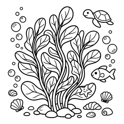 A pod of tiny bubbles rising past swaying strands of seaweed