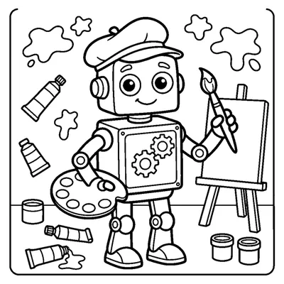 Malerroboter mit Pinsel und Farbpalette