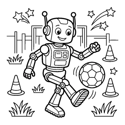 A soccer-playing robot kicking a round ball with its foot