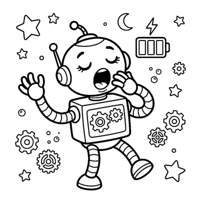 A sleepy robot yawning with a little battery symbol glowing