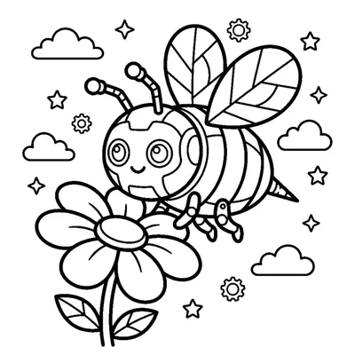 A robot bee with round wings hovering over a flower