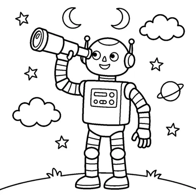 A tall friendly robot with a telescope looking up at stars