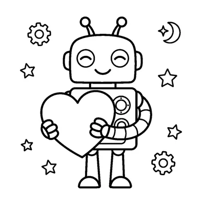 A little robot hugging a heart shape in its two hands