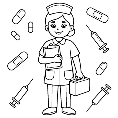 A friendly nurse holding a clipboard and a small first-aid box
