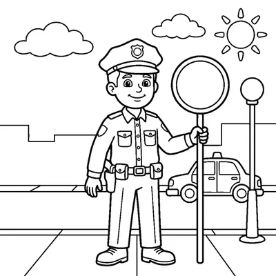A police officer standing beside a round traffic-stop sign shape