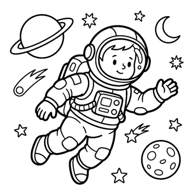 An astronaut in a puffy suit floating with tiny round stars