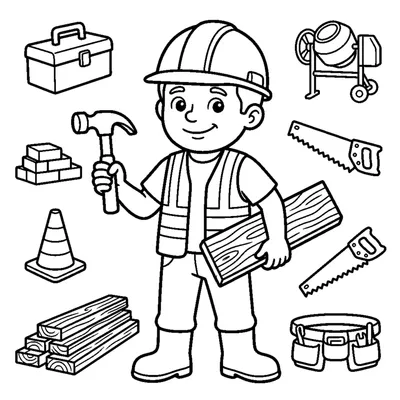 A construction worker in a hard hat holding a hammer and plank