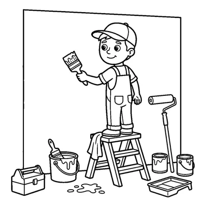 Pintor numa Escada Pintando uma Parede