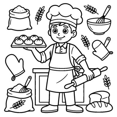 A baker holding a tray of round rolls beside a rolling pin