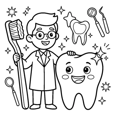 A dentist holding a giant toothbrush next to a big smiling tooth