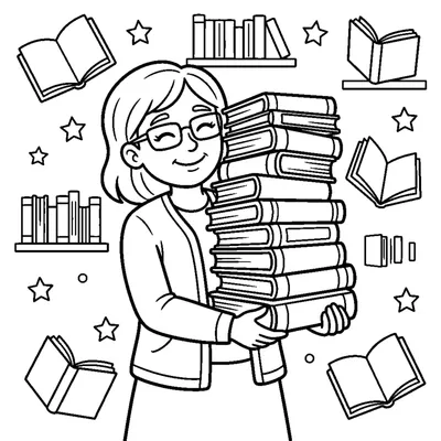 A librarian holding a tall stack of books