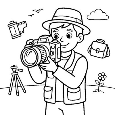 A photographer holding a boxy camera with a big lens