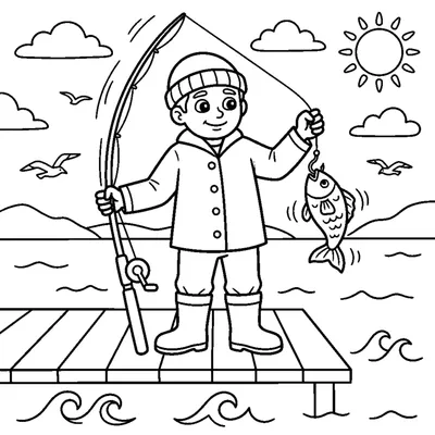 A fisherman in boots holding a fishing rod with a wiggly fish