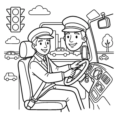 A bus driver sitting at a round steering wheel