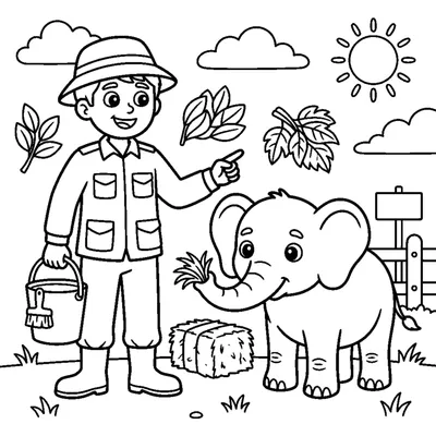 A zookeeper holding a bucket beside a friendly little elephant