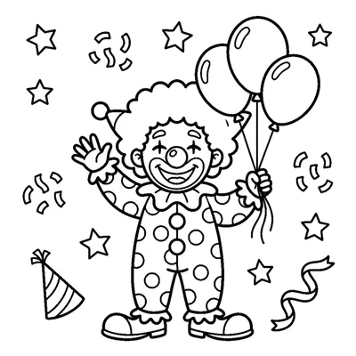 A cheerful clown holding three balloons