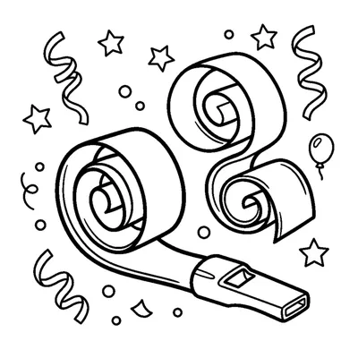 A whistle-shaped party blower unrolled and curling