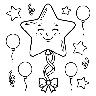 A star-shaped balloon floating on a ribbon