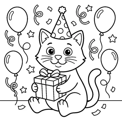 A friendly cartoon cat wearing a party hat and holding a gift