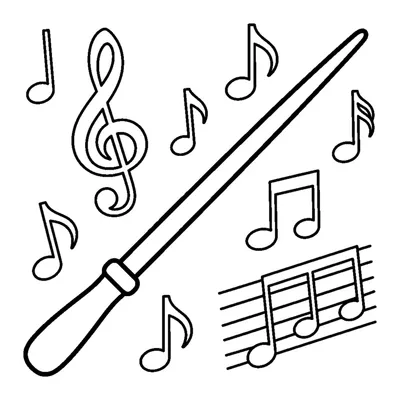 A conductor's baton with musical notes floating around it