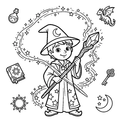 A young wizard holding a magic staff with a swirl of sparkles