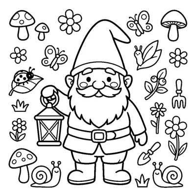 A chubby garden gnome with a pointed hat holding a lantern