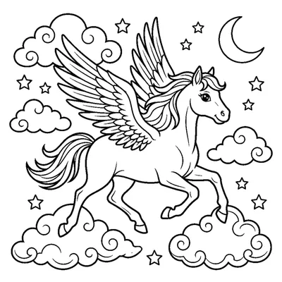 Pegasus mit Federflügeln im Wolkenritt