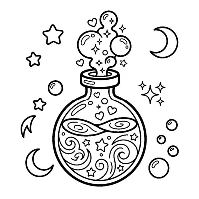 A bubbling magic potion bottle with hearts and stars rising up