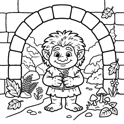 A friendly troll under a stone bridge holding a tiny flower