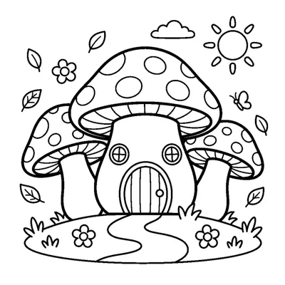 A group of toadstool mushroom houses with round doors and windows