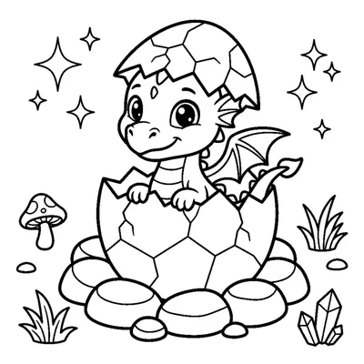 A cute baby dragon hatching out of a cracked egg