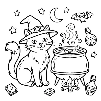 A witch's cat sitting beside a bubbling cauldron