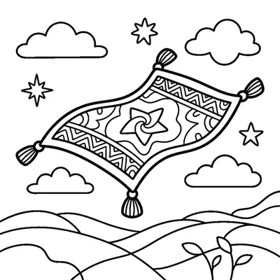 A sparkling flying carpet with tassels floating above hills
