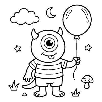 A friendly cyclops with one big eye holding a balloon