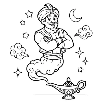 A genie with folded arms floating above a magic lamp
