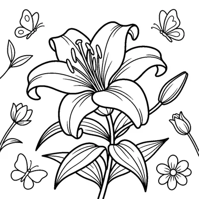 An elegant lily with large curved petals and long stamens on a leafy stem