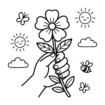 A single flower being held up in a child-sized hand with a leafy stem below