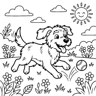 A happy dog running to fetch a bouncing ball