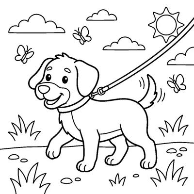 A cheerful dog on a leash going for a walk