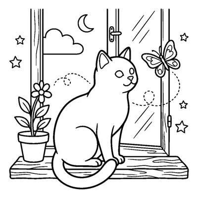 Gato na Janela a Observar uma Borboleta