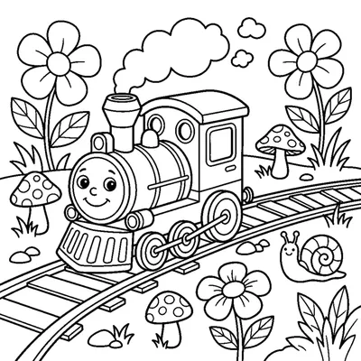 Comboio Pequeno no Jardim com Flores e um Caracol