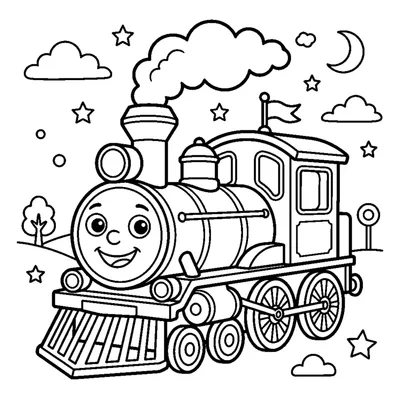 Locomotiva a Vapor Sorridente com Farol Redondo e Limpa-Trilhos