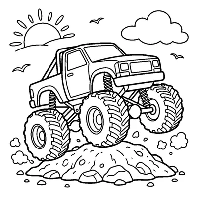 Monstertruck mit riesigen Reifen springt über einen Erdhügel
