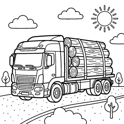 Lungo camion a pianale carico di tronchi di legno