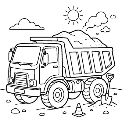Camion ribaltabile da cantiere pieno di sabbia accanto a una paletta