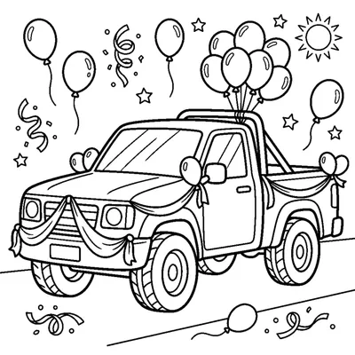 Pick-up decorato con palloncini e stelle filanti per una sfilata