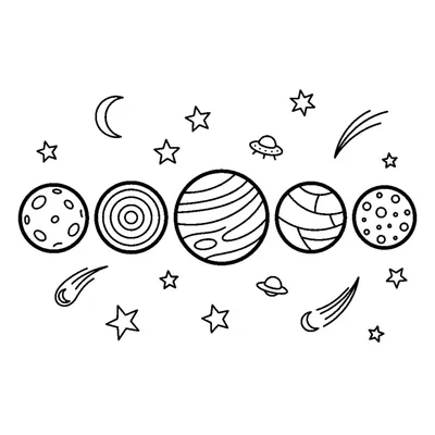 Fileira de Cinco Planetas de Tamanhos Diferentes no Espaço