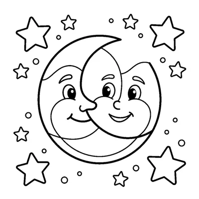 Lua Crescente Simpática com Rosto Feliz Rodeada de Estrelas