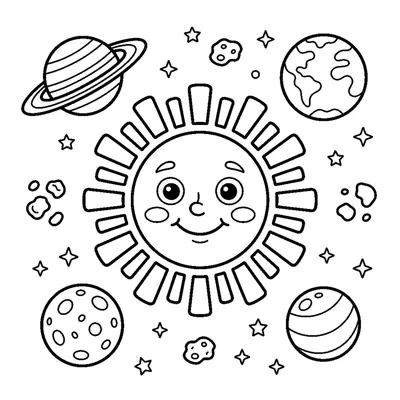 Sol com Rosto Feliz e Raios Suaves Rodeado de Pequenos Planetas